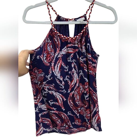 Spense Strappy Cami Navy Red Tank Sleeveless Braided Neck Mesh Blouse Shell Top - Picture 2 of 14